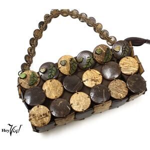 Clutch Purse Unusual Tropical Design in Wood or Coconut w Zip Top 7x3" - Hey Viv